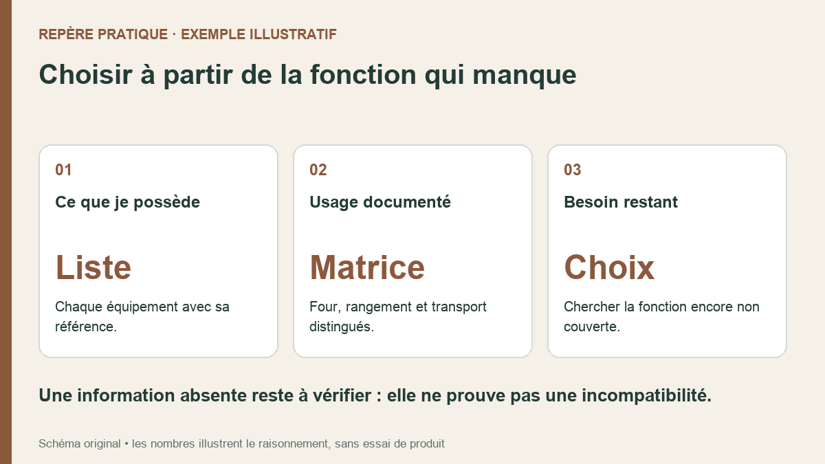 Schéma original de décision : identifier les équipements existants, consigner leurs usages documentés dans une matrice, puis définir la fonction restant à couvrir.