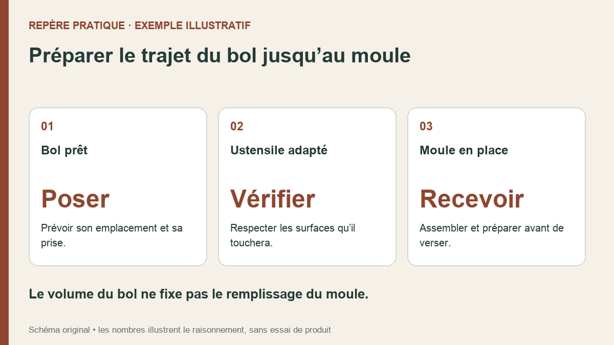 Préparer le trajet du bol jusqu’au moule. Bol prêt : Prévoir son emplacement et sa prise. ; Ustensile adapté : Respecter les surfaces qu’il touchera. ; Moule en place : Assembler et préparer avant de verser.